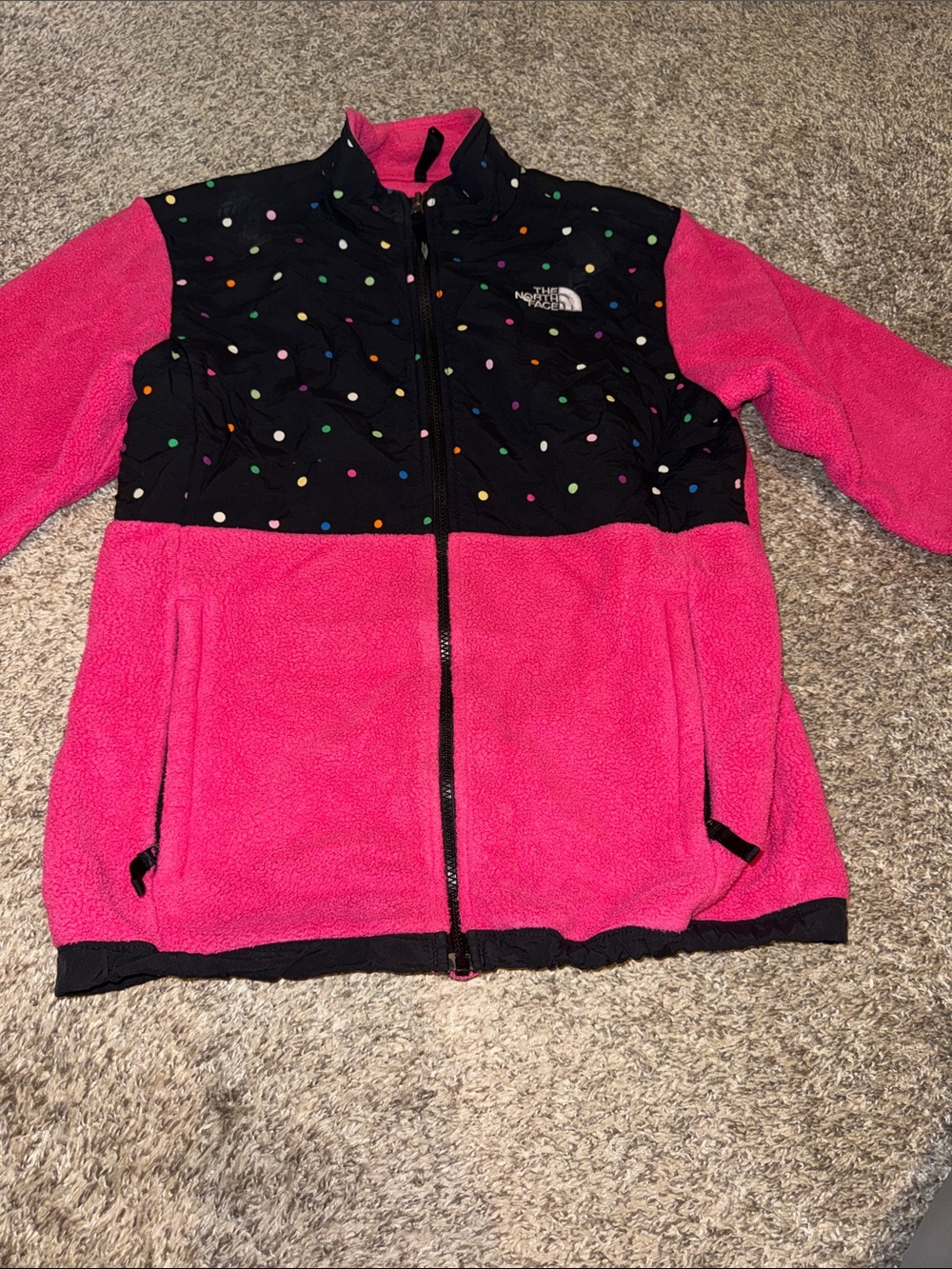 The North Face Girls' Hot Pink Fleece Jacket with Black Polka Dot Yoke